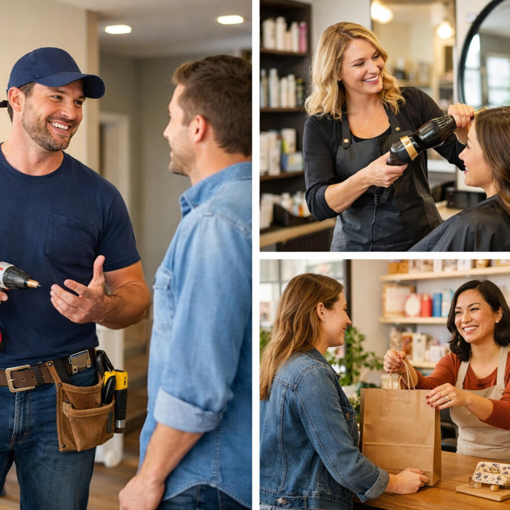 A tradesperson, a salon owner, and a small shop owner interacting with customers.
